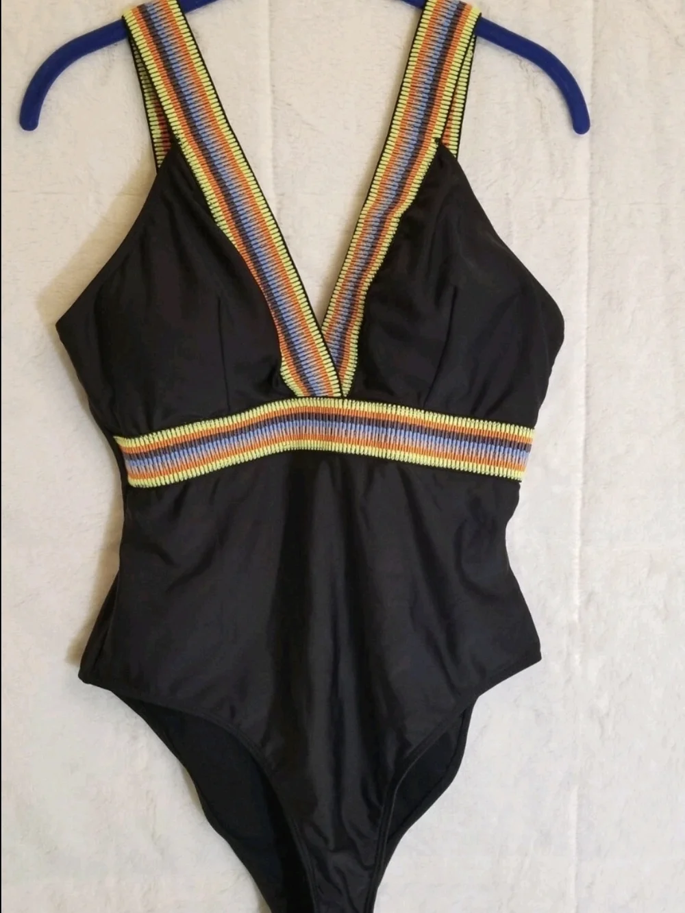 Shein Curve Black One-Piece Swimsuit with Colorful Striped Trim - Picture 7 of 11